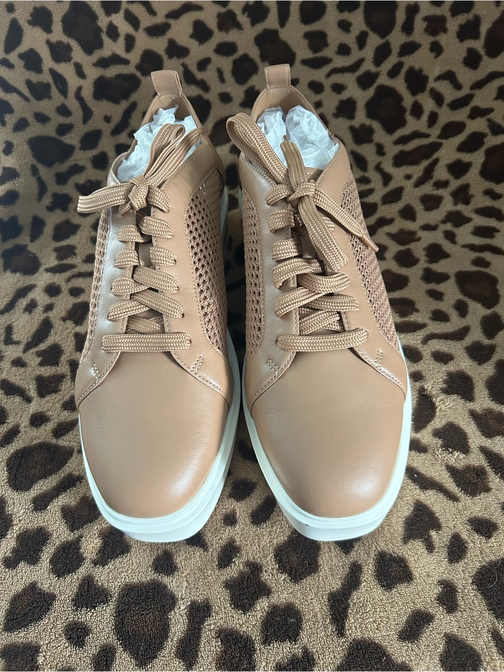Tan Lace-Up Sneakers with Woven Side Panels